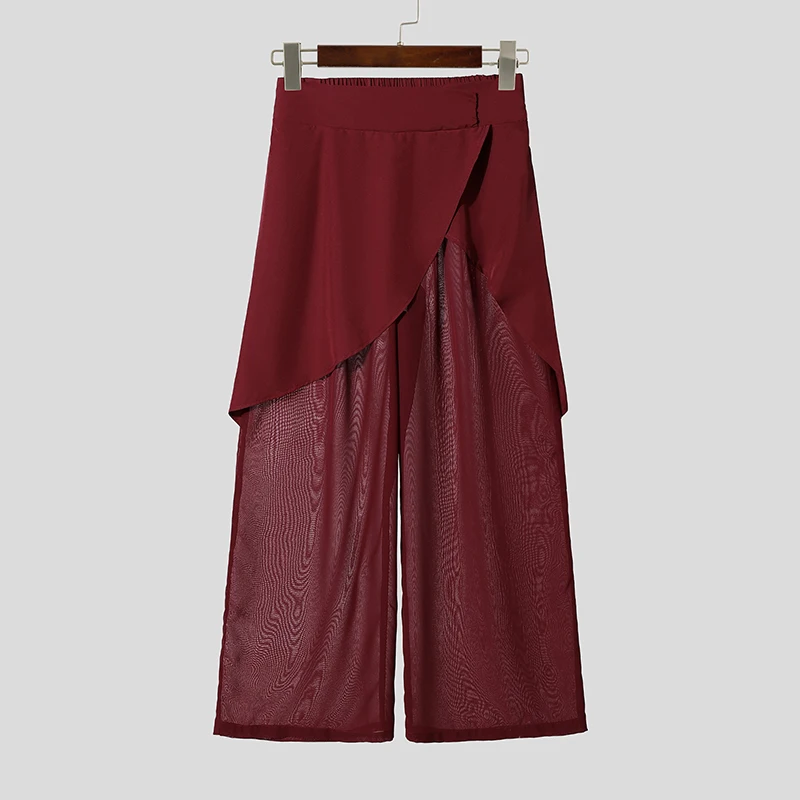 INCERUN Men Pants Mesh Patchwork Wide Leg Trousers For Man Streetwear Loose See Through 2026 Fashion Irregular Pants Pantalones