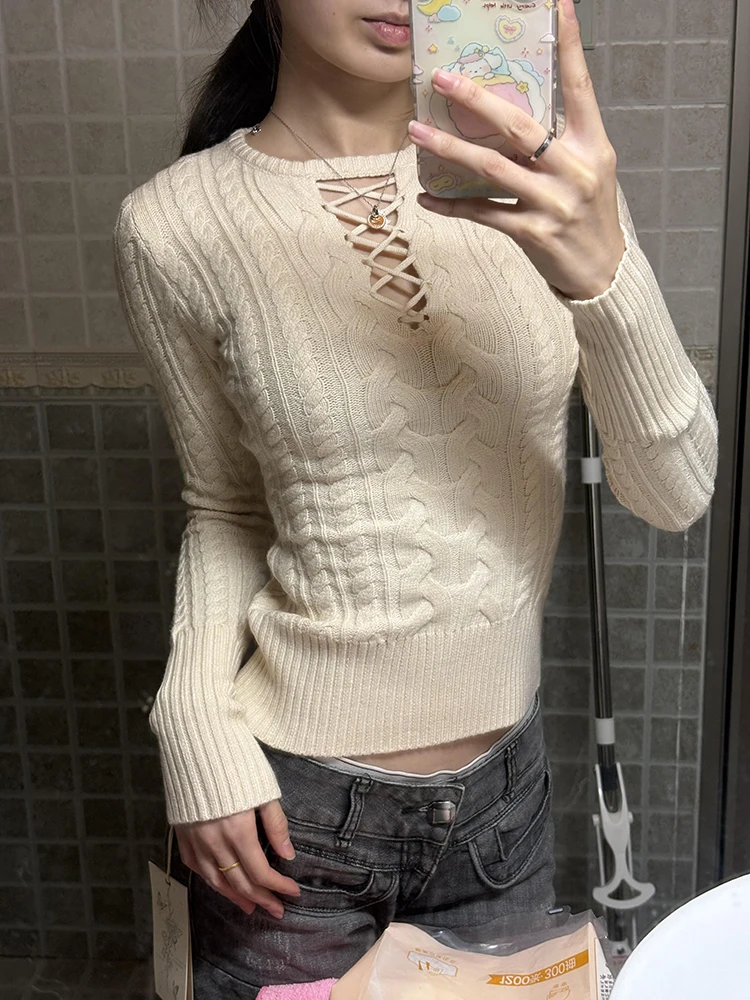 

Retro American Long Sve Knitted Sweater Women's Slim Fit Waist Cinched Base Layer Beautiful Sweater Top for Autumn Winter