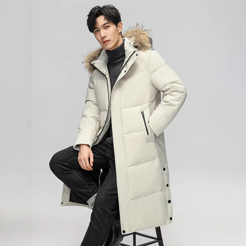 

Large collar mid length down jacket for men's winter thick and trendy long white duck down coat