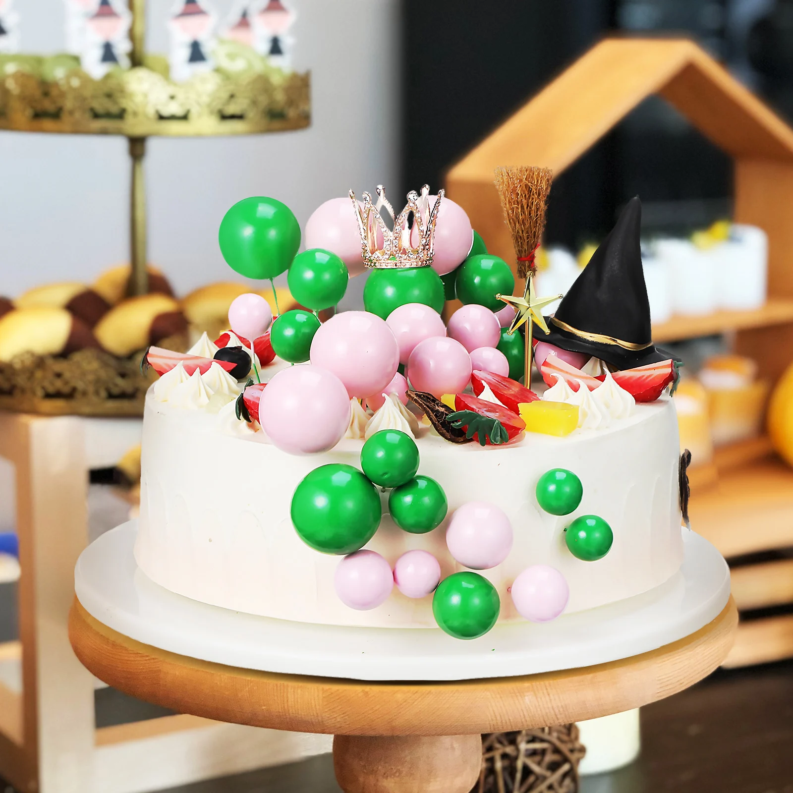 

44 Pcs Broom Halloween Cake Topper Wicked Party Decorations Toppers Ghost Table Crown and Hat