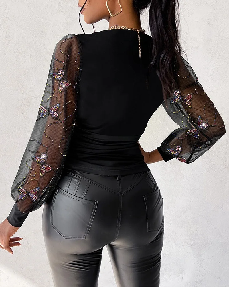 Lente damesblouse elegant vlinderpatroon diepe v-hals lantaarnmouwen pailletten ruches pure mesh slim fit top casual blouse