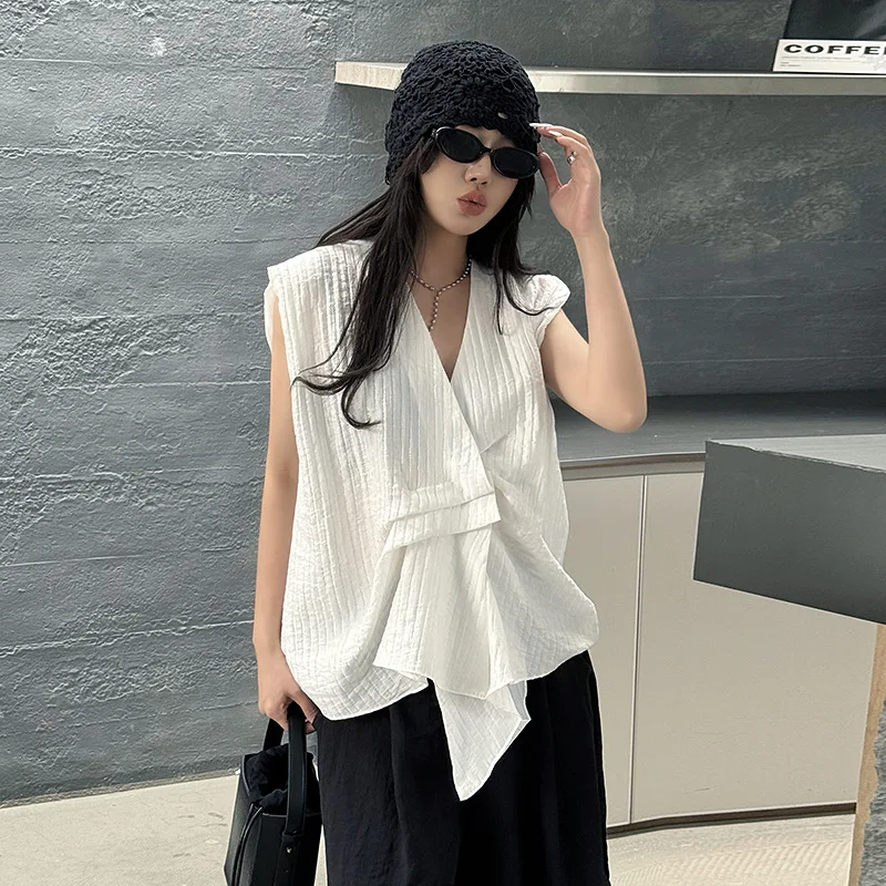 Tannt Women Shirt Blouse Sleeveless Asymmetrical V-neck Vintage Blouse Tops For Women Fashion Casual Irregular Shirt Tops 2025