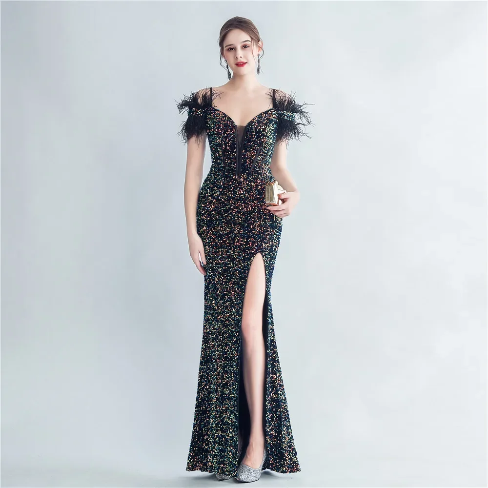 

Women's Elegant Long Dresses with A Bling and Feathers, Split Sequin Glitter, Evening, Wedding Guest, Special Events, High End,