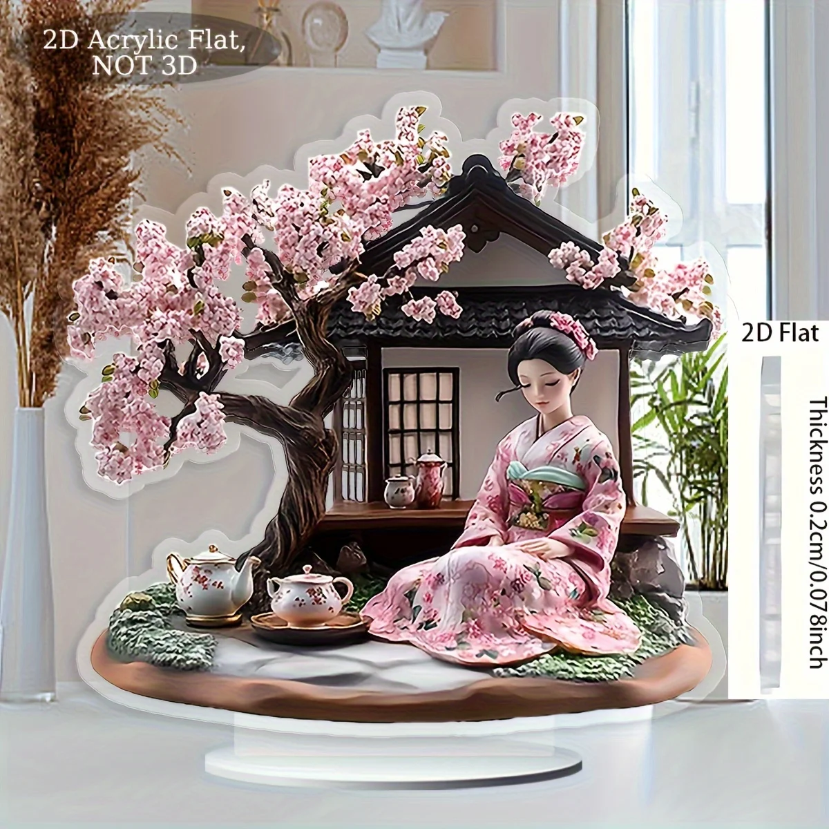2D Elegant Japanese Geisha Cherry Blossom Tree Acrylic Decor Modern Style Tabletop Display Indoor Holiday Festive Traditional