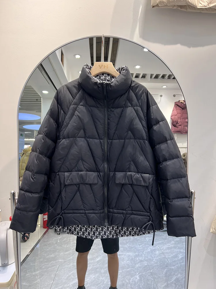 冬軽量ダウンジャケット無地ファッションカジュアルルーズエレガントな女性スタンドカラーホワイトダックパファーコートアウター