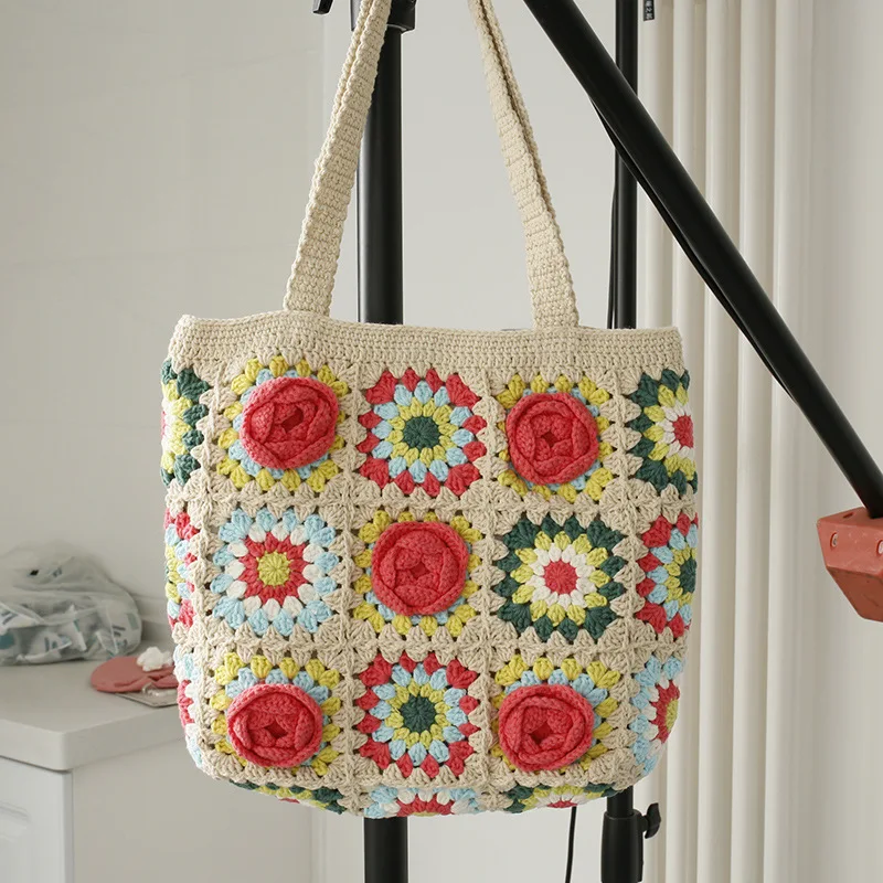 Camellia series hand-woven women's bags, sweet wool crocheted shoulder bags, handmade grandmother bags