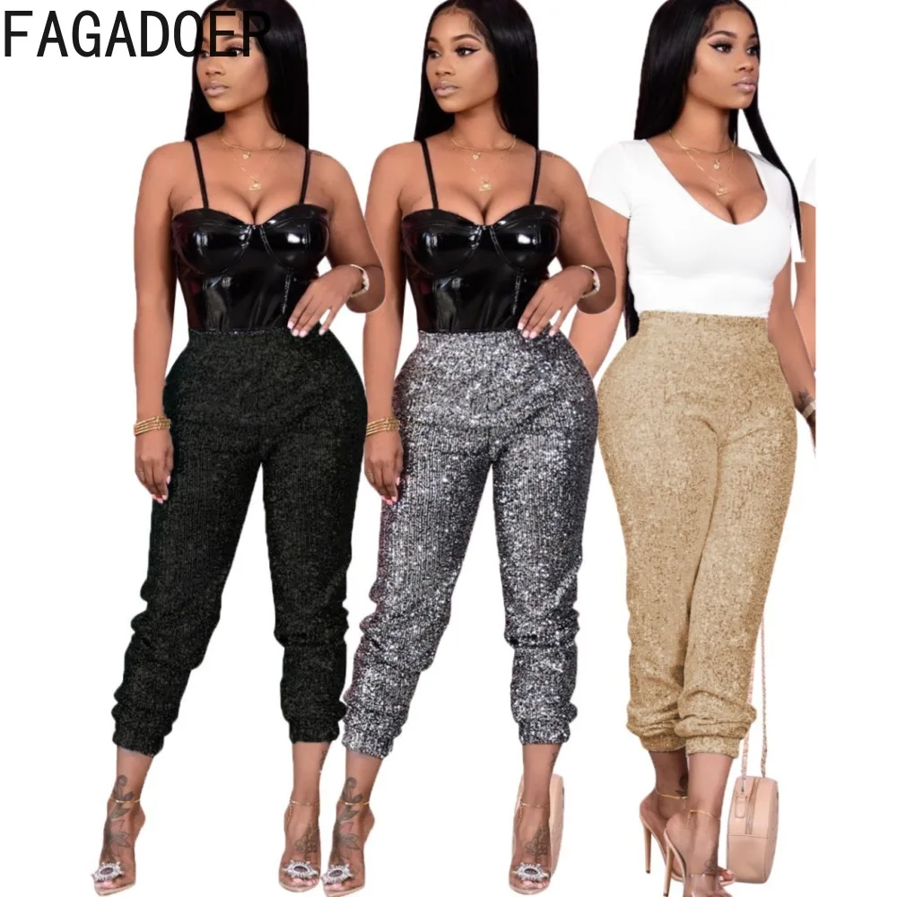 

FAGADOER Fashion Sequin Matching Party Club Pants Women High Waisted Skinny Pencil Pants Autumn Female Matching Bottoms 2023 New