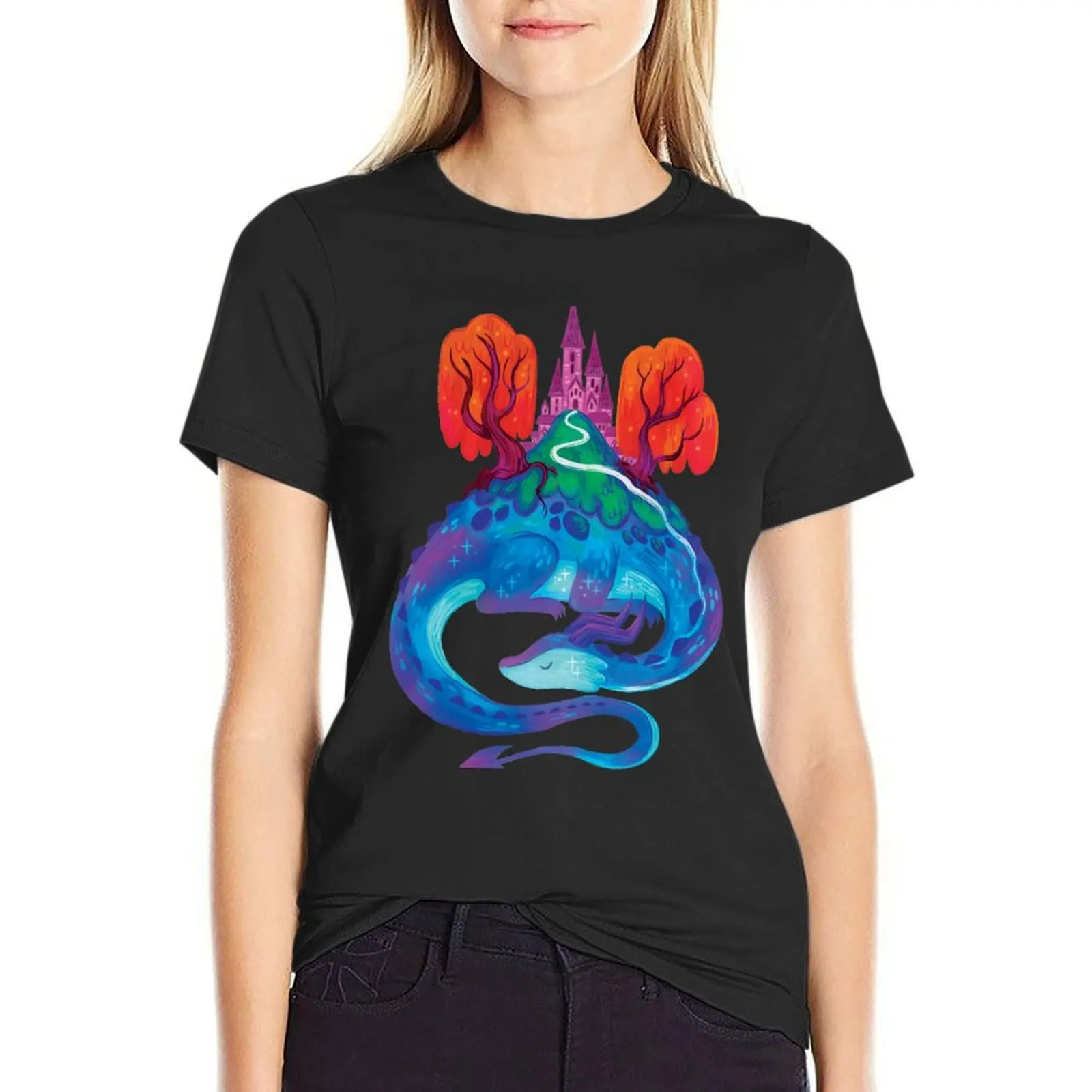 

Sleepy Magical Dragon Mountain T-Shirt quick drying graphics oversized Aesthetic clothing t shirts for Women graphic