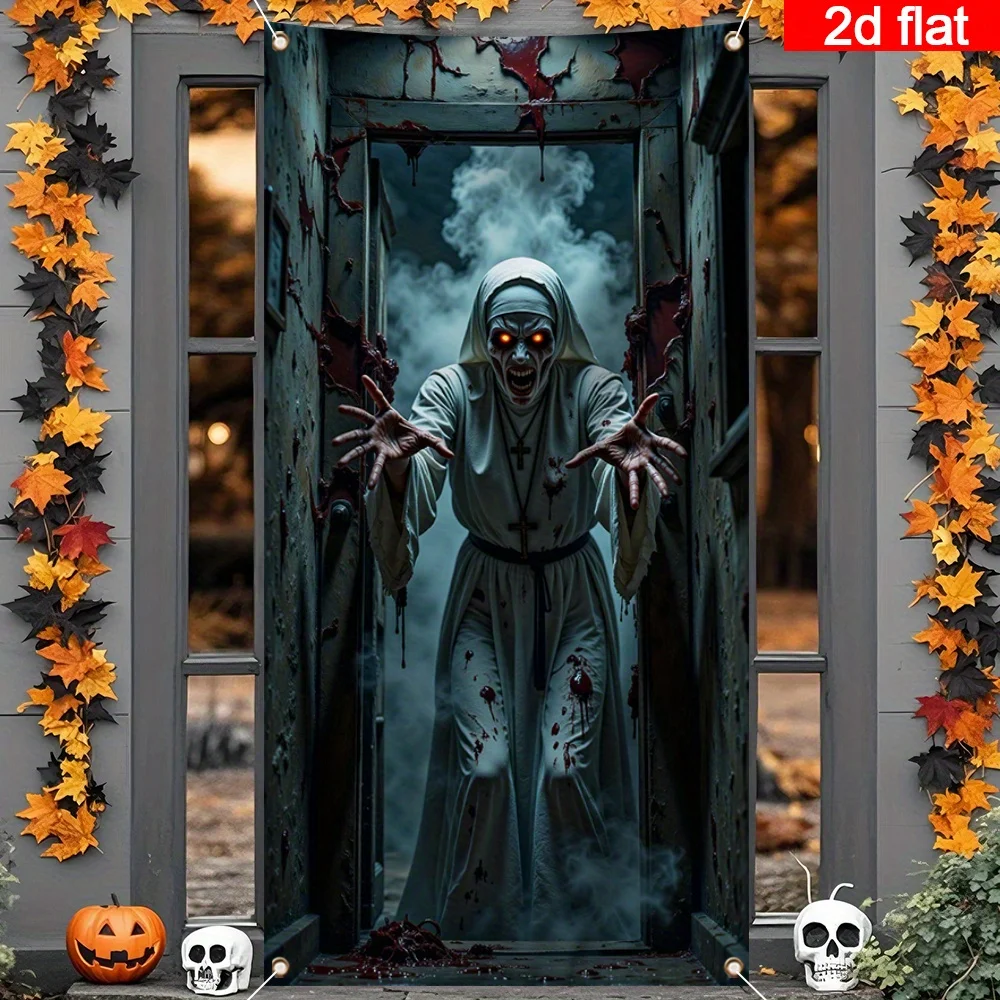 لافتة باب ثنائية الأبعاد، قطعة واحدة من زينة باب الهالوين الكبيرة - لافتة رعب راهبة التهديد وتصميم قوطي ملون بالدم #4