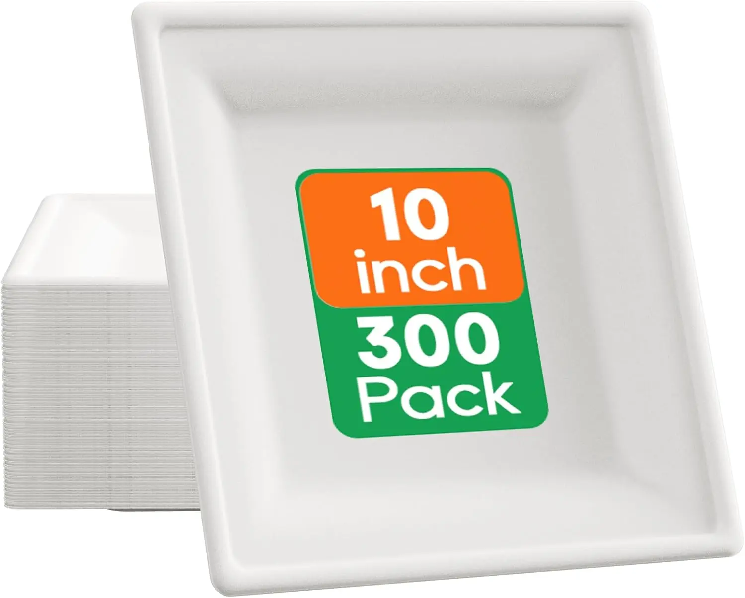 

10-Inch Square Compostable Paper Plates, 300-Pack Heavy Duty Biodegradable Disposable Plates for Parties and Dinners