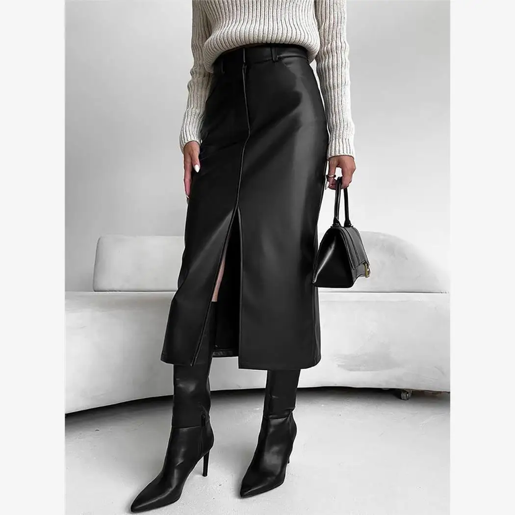 

Faionable High-Waisted Fce Lined PU Skirt Casual Split Women's Long Skirt Street Sle Spring Collection Color