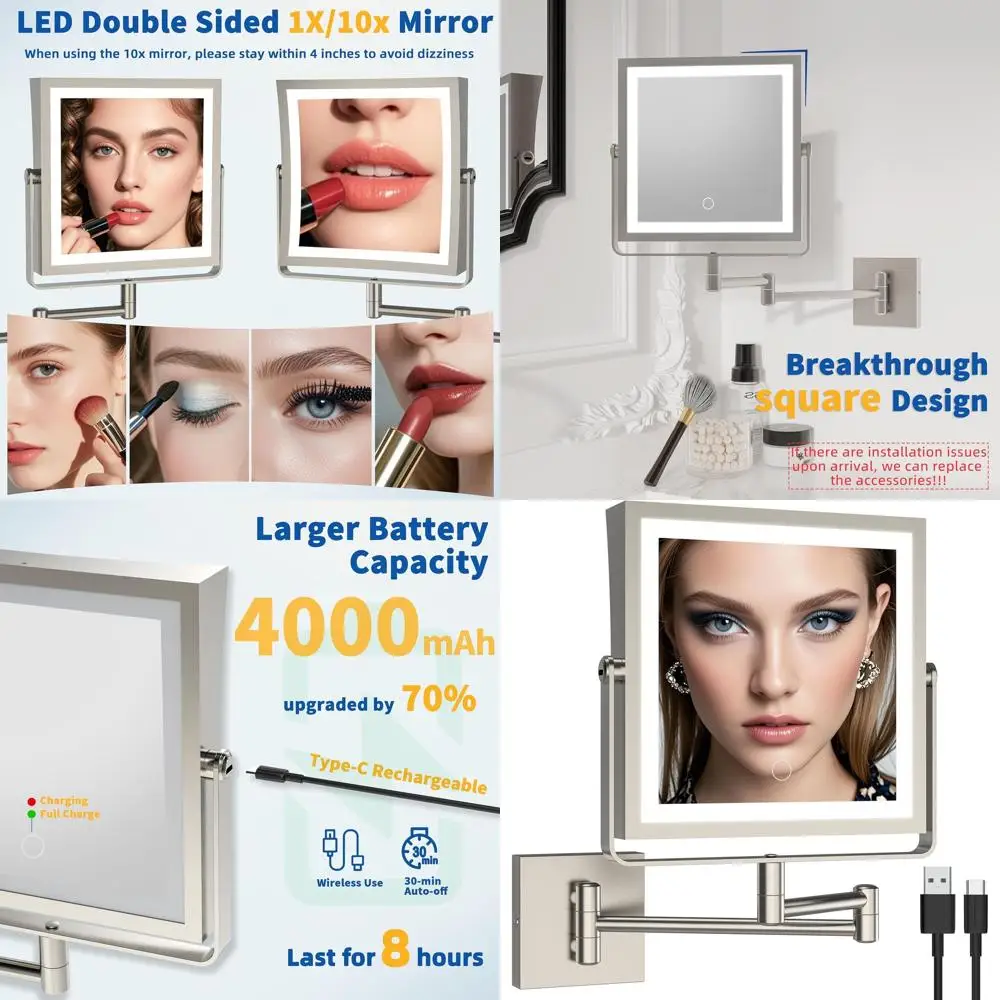 مرآة مكياج LED مزدوجة الجوانب مع تكبير 1X/10X، تعتيم شاشة اللمس، 360 درجة ° ذراع دوار من النيكل المصقول #1
