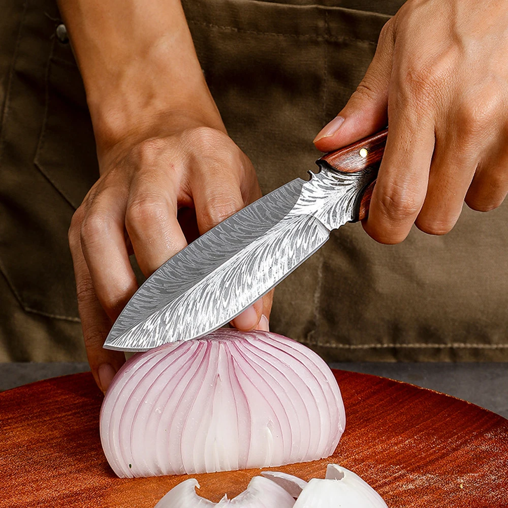 Multi-Purpose Kitchen Chef Knife Stainless Steel Feather Pattern Blade Boning Knife Meat Cleaver Fruit Paring Knife with Sheath