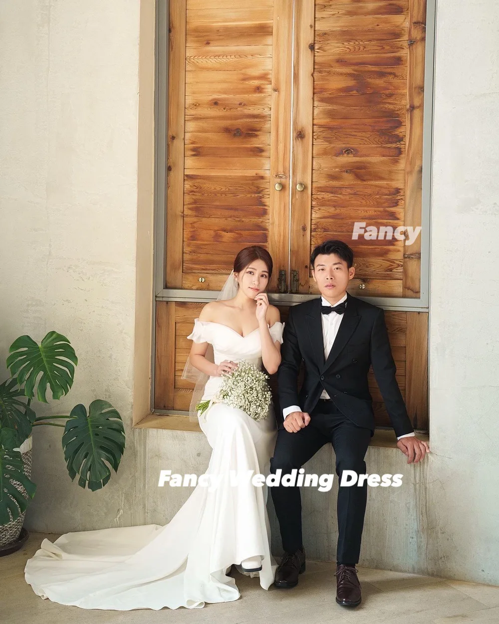 يتوهم كوريا الأميرة قبالة الكتف فستان الزفاف ألف خط مطاطا الساتان ثوب الزفاف الخلفي مشد ذيل طويل مخصص ستنسينغدريس #2