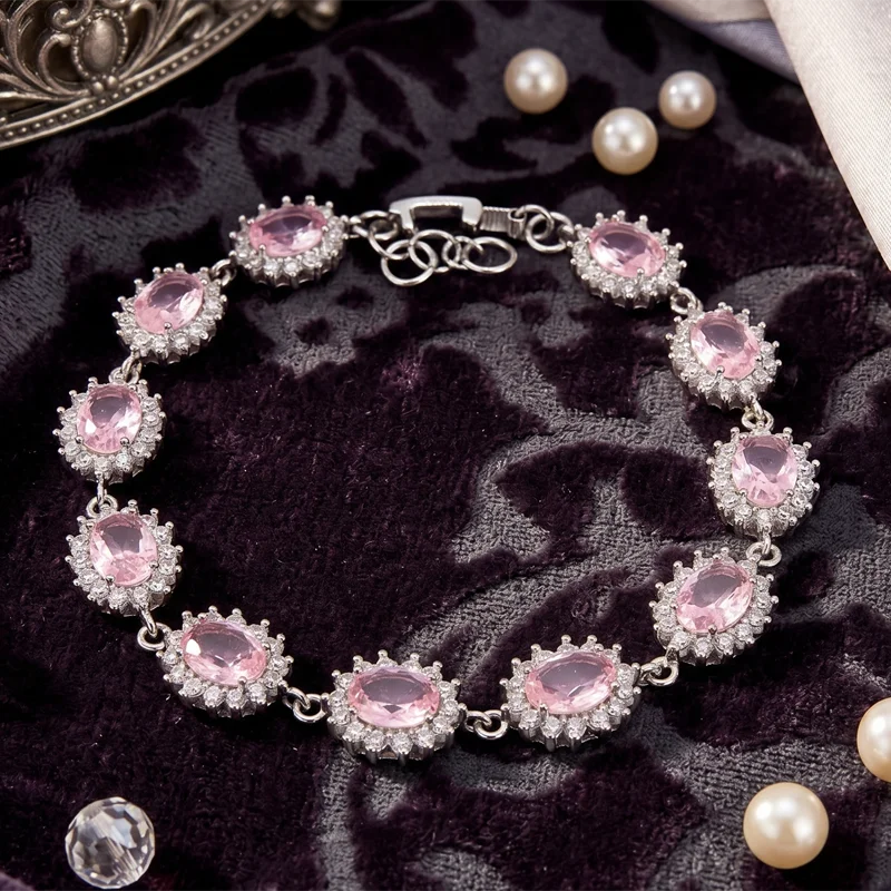 13x11mm Jzaza Created 15g Golden Citrine Pink Kunzite London Blue Topaz CZ Ladies Wedding Silver plated Bracelet Length 8-9inch