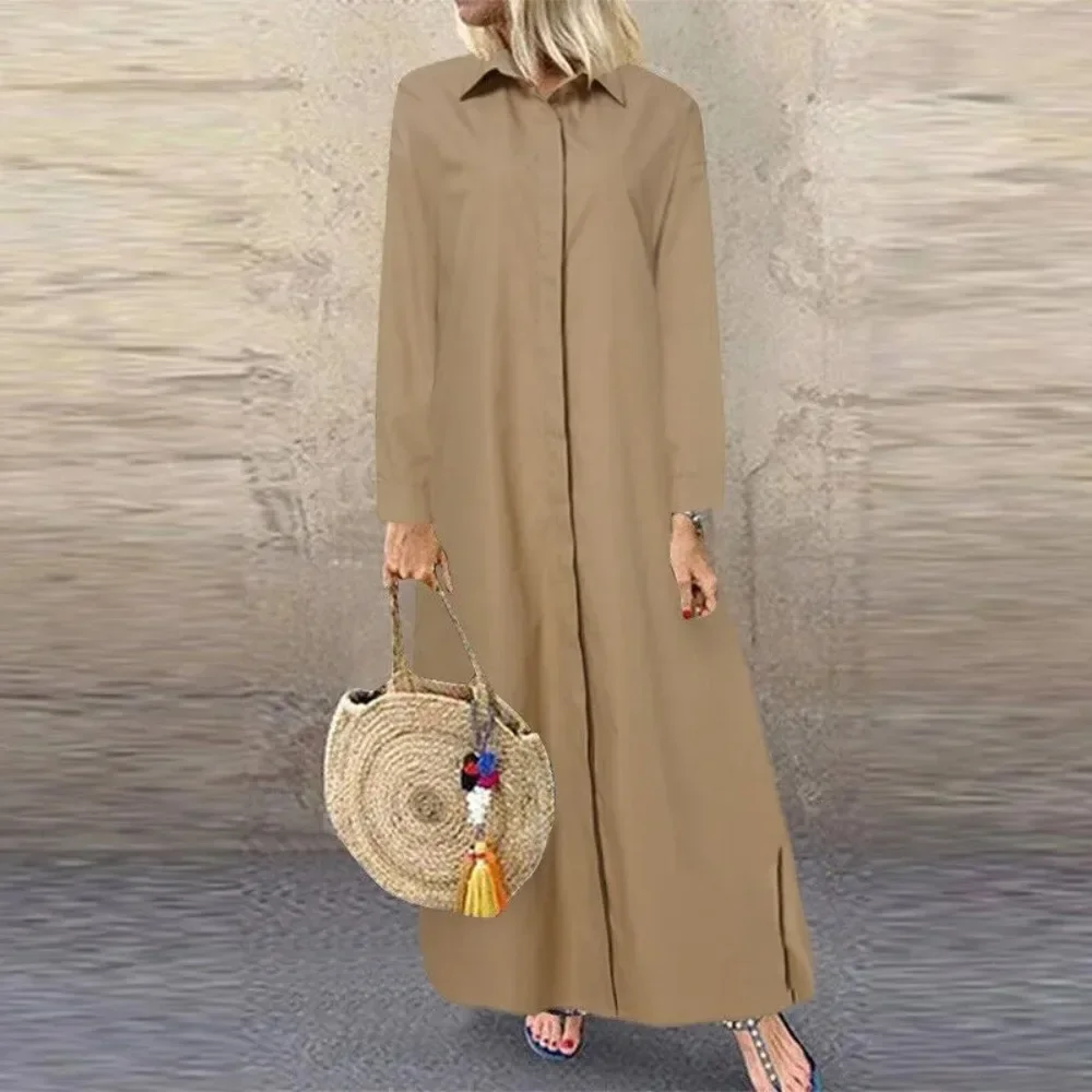 

Women's Oversized Women's L-5XL Plus Size Lapel Long Sleeved Loose Long Dress Women's Slit Solid Color Casual Fashion Minimalist