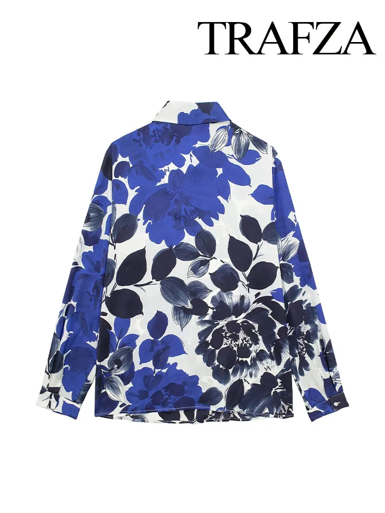 TRAFZA Spring Fashion Women Blouse Print Turn-Down Collar Long Sleeves Pocket Decoration Single Breasted Female Casual Shirts