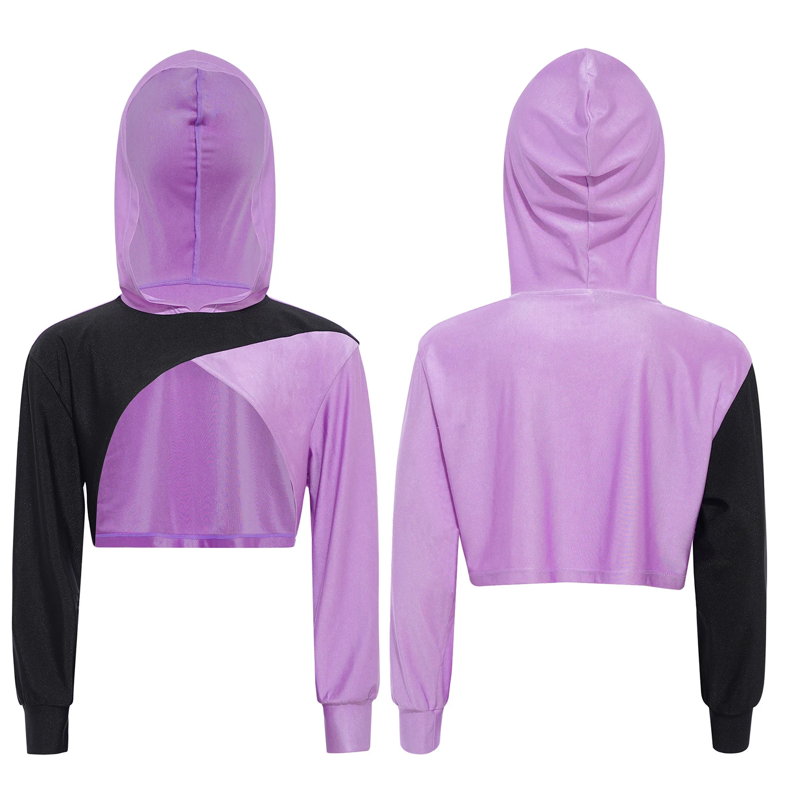 

Child Long Sleeve Hoodie Girls Breathable Color Block Sports Hoodie Asymmetrical Hem Hooded Crop Top for Yoga Workout Cycling