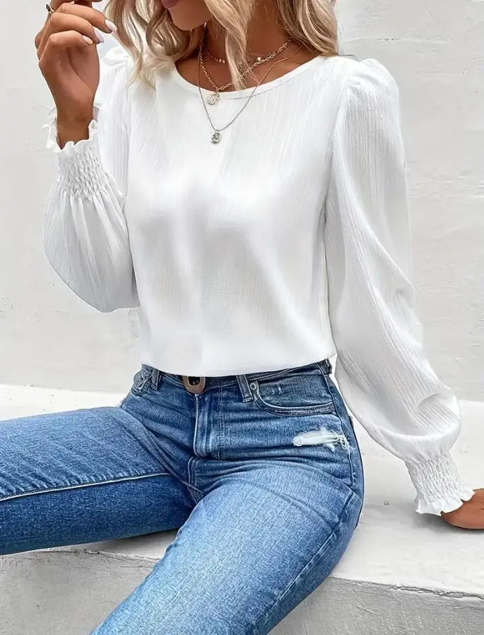 

2024 Spring New Simple Long Sleeved Solid Color Shirt for Women Elegant Solid Color Casual Shirt for Women