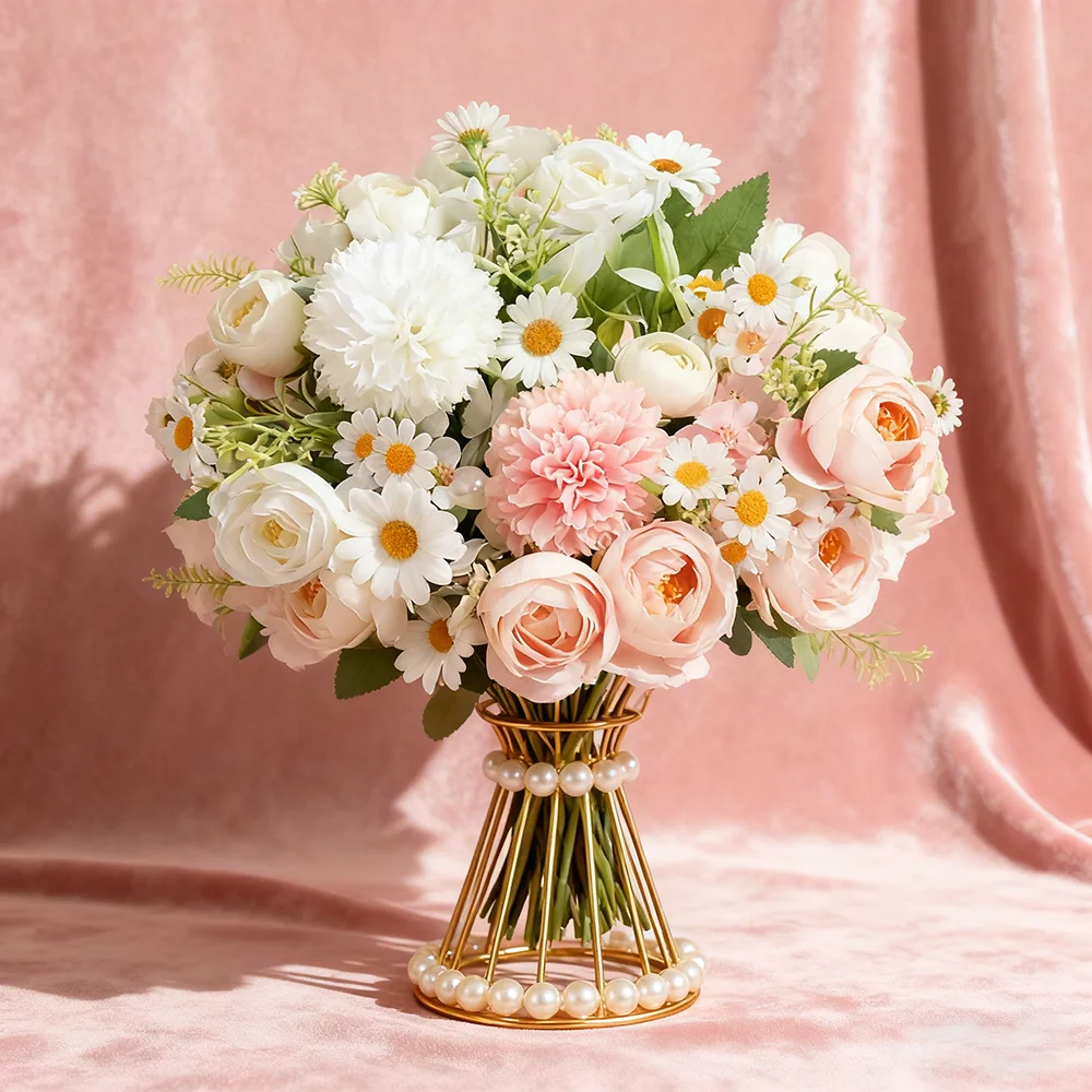 Ramo de flores artificiales, rosa de seda, peonía, hortensia, clavel con jarrones para fiesta en casa, decoración de boda de invierno, planta falsa