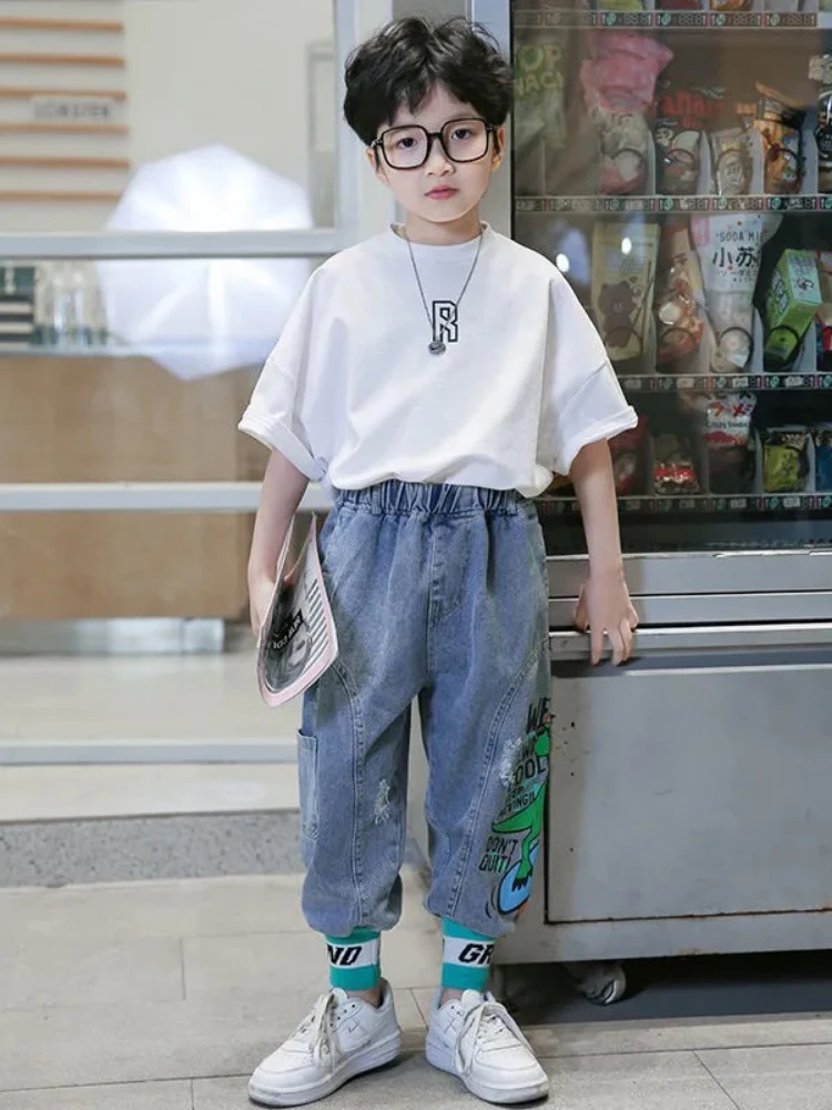 Jeans for Boys Teenage Children Jeans Elastic Waist Denim Pants Kids Trousers for Boy Kids Clothes 4-13T