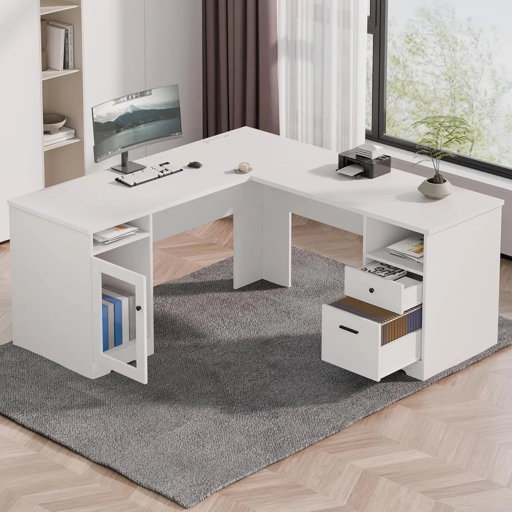 L Shaped Desk with File Cabinet, Corner Computer Desk with Storage Drawers, Large Home Office Table with Power Outlets