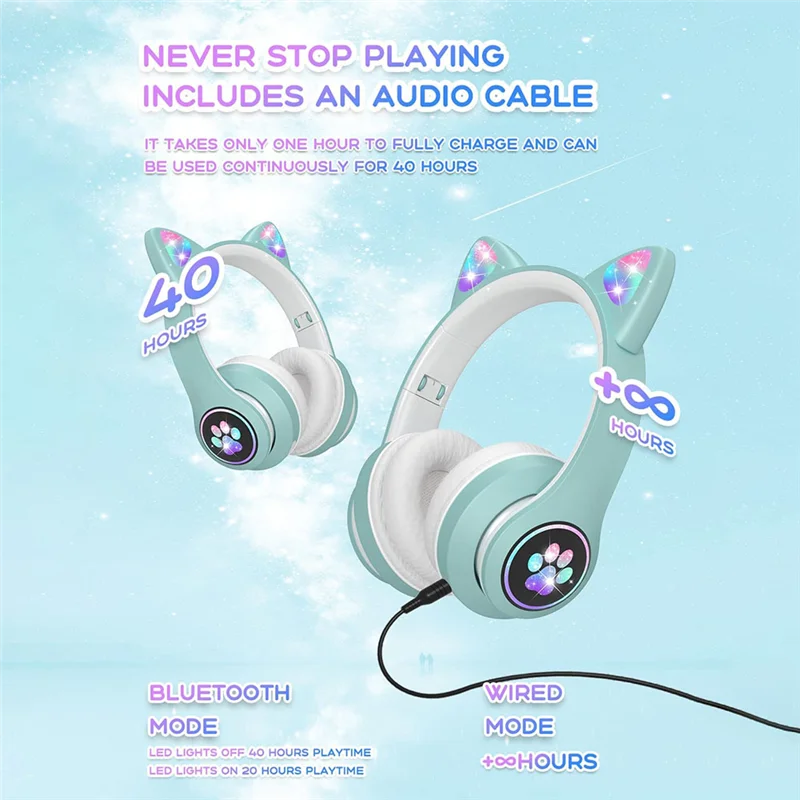 سماعات رأس موثوقة للأطفال مزودة بميكروفون/إضاءة LED RGB، سماعات بلوتوث للأطفال اللوحي/المدرسة/الآي باد/الهاتف الذكي - أخضر