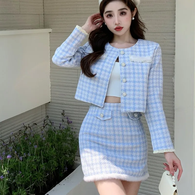 Women Spring Fashion Small Fragrance Elegant 2 Piece Set Blue Plaid Tweed Long Sleeve Short Coat + Bodycon Mini Skirts Suit