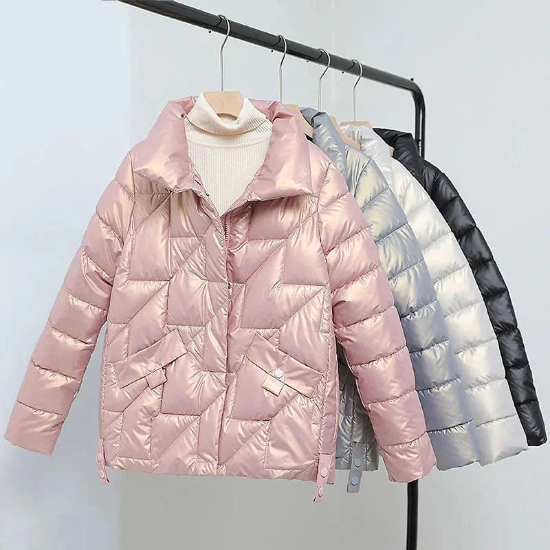 Women Jacket 2023 New Winter Parkas Female Glossy Down Cotton Jackets Stand Collar Casual Warm Parka Short Coat Female Outwear