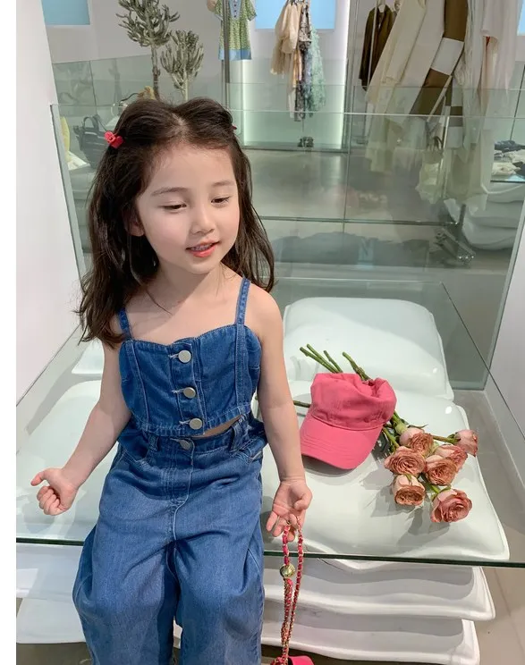 Kids Clothing Girls 2 Pieces Sets Suspender Pants Sleeveless Jeans Wide Leg Solid Color Button 2023 Summer New Fashion Cute