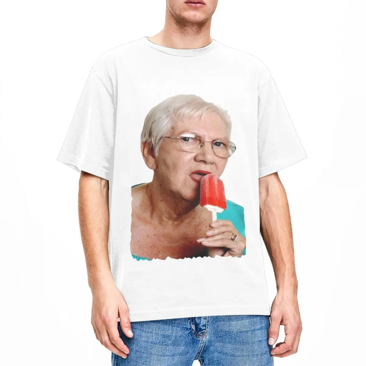 Senior Women Licking Red Popsicle T-Shirt Beach Grandma Granny Ice Cream Y2K T Shirts Cotton Tee Shirt For Short Sleeve Top Tees