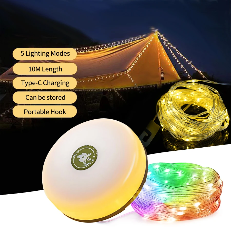 Rechargeable Portable Lantern Camping Light 10m LED String Lights Outdoor Tent Light with Hook XTE LED Flashlight Holiday Decor