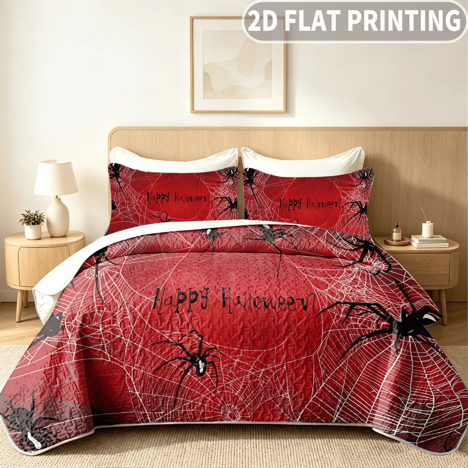 3pcs Quilted Durable Quilt Cover (1pc Quilt Bedspread + 2pcs Pillowcases Excluding Pillow Inserts), Red Spiderweb Pattern