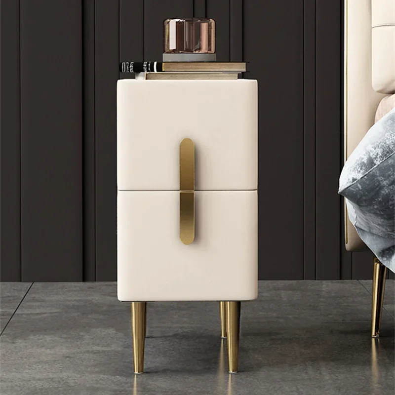 Solid Color Wooden 2 Drawer Narrow Bedside Table Nordic Style Faux Leather Bedroom Nightstands with Sintered Stone Top