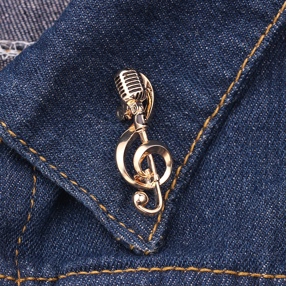 Gold Color Microphone Music Note Brooches Enamel Pin For Women Men Singer Party Concert Accessories Gift Jewelry