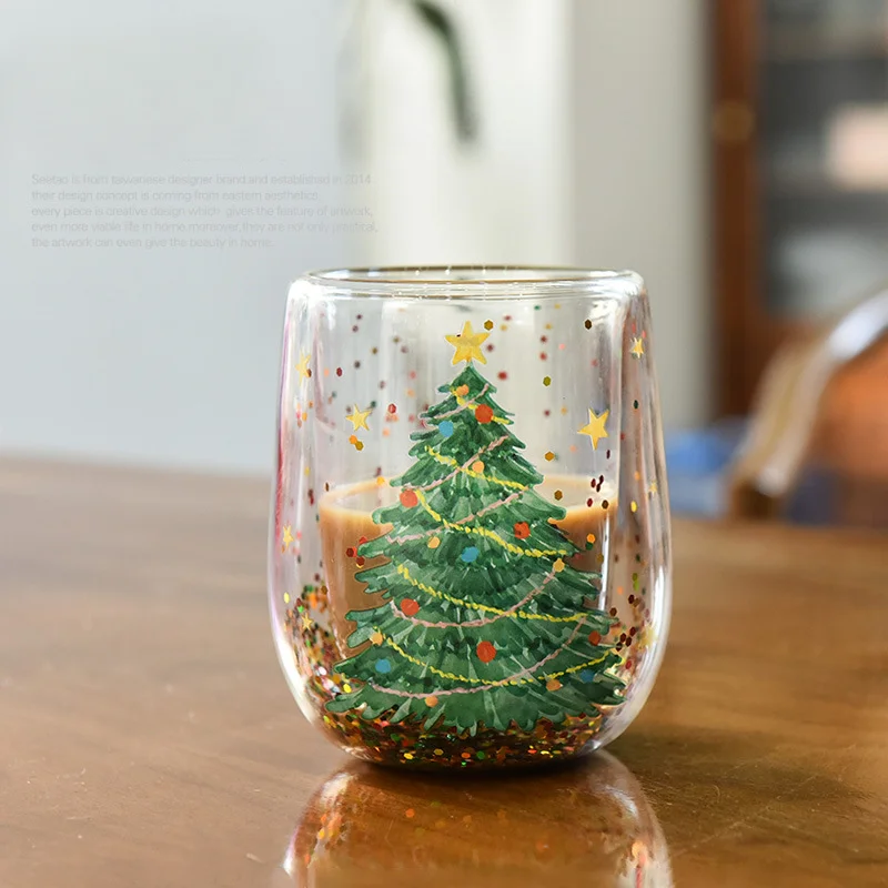 Christmas Double Wall Glass Cup Heat-resistant Water Cup Christmas Tree Snowman Pattern Juice Tea Milk Coffee Mug Xmas Gift