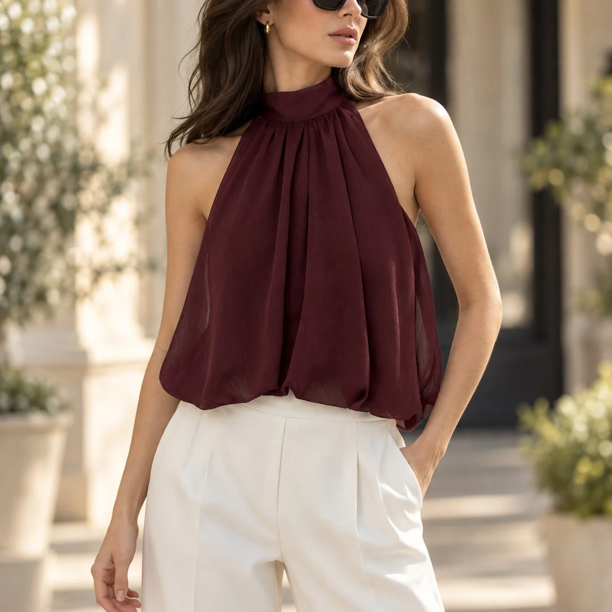 Sleeveless Woven Top Flare Cut Elegant with Scarf Collar Tie Strap Private Celebrity Style Sophisticated Spring Top Women