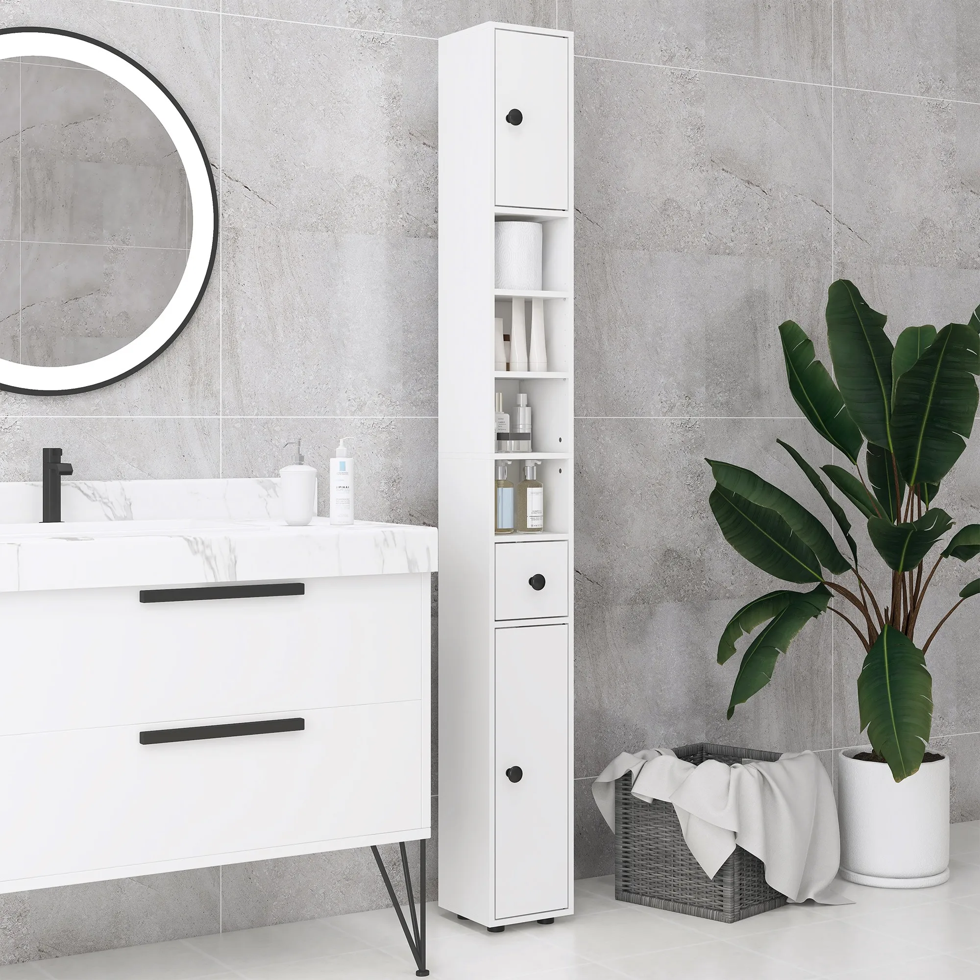 Kleankin Armoire de rangement pour salle de bain de 71 po de hauteur, armoire pour papier toilette étroite avec étagères ouvertes, armoires à 2 portes, étagères réglables