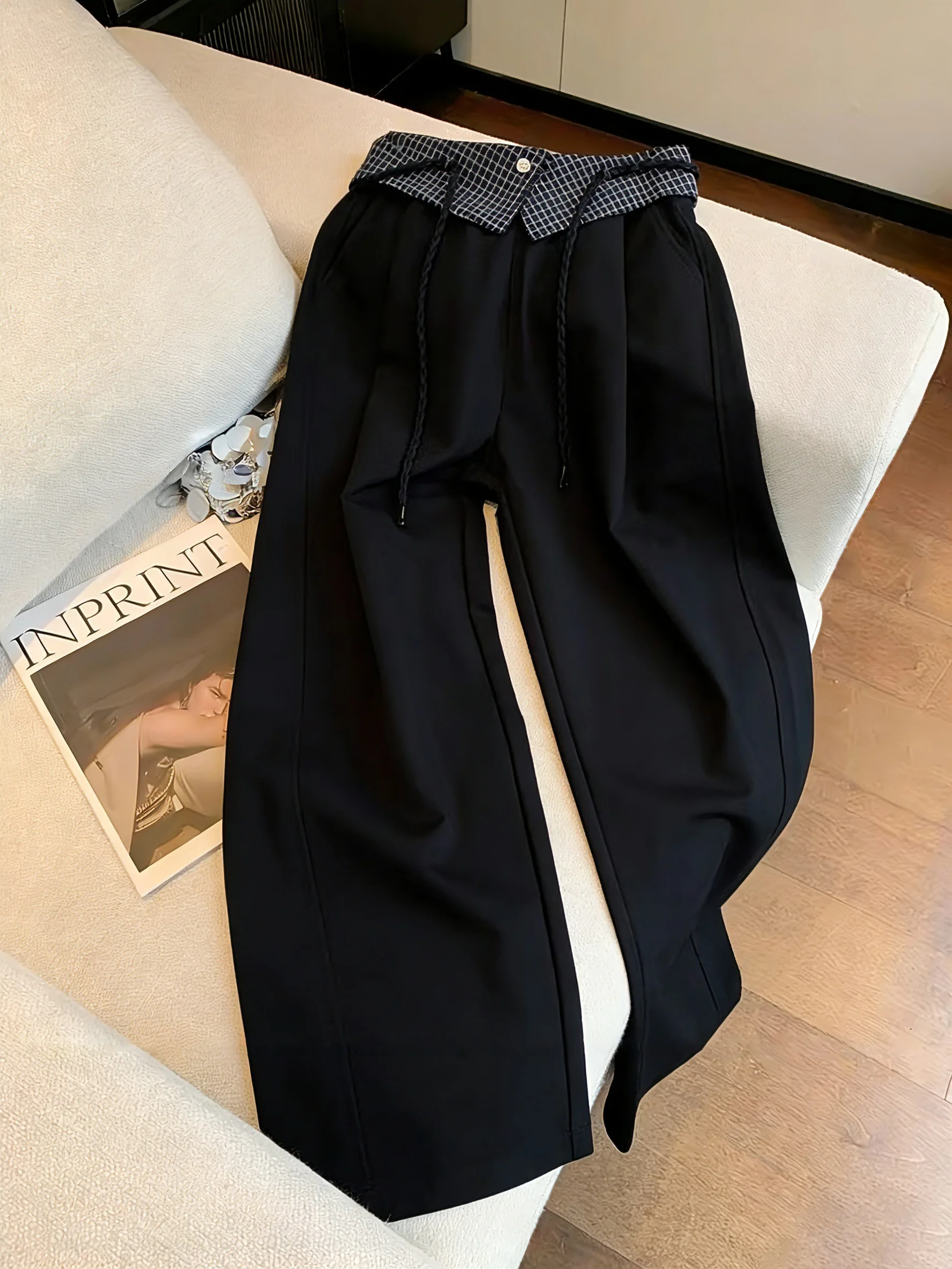 

Европейские стильные высококачественные брюки в клетку с завязками, спортивные повседневные брюки для женщин, весна-осень, маленькие размеры, свободные, универсальные, с широкими штанинами