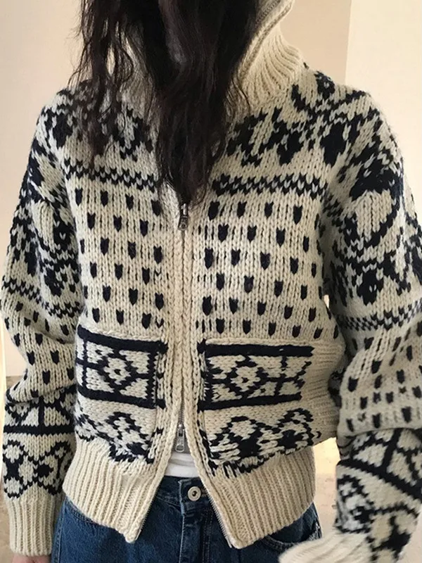 Korean Retro Pattern Thi Knit Sweater Jaet Women Winter New High Collar Double Zipper Knitted Open Cardigan Top