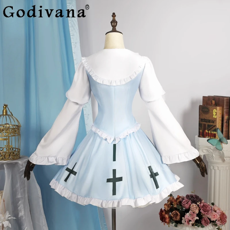 أنثى الأزرق القوطية لوليتا فستان مع شعر مستعار ل Hallowmas عيد الميلاد دور اللعب المرأة الحلو فستان الحفلات مجموعات الزي الرسمي