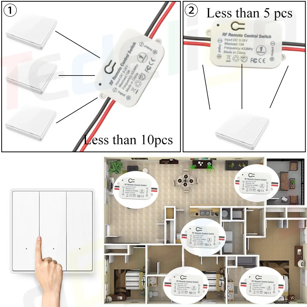 12V Wireless Light Remote Control Switch 1/2/3 Gang 433MHz Push Button Wall Switch 24V 6V Relay Receiver for LED Electric Door