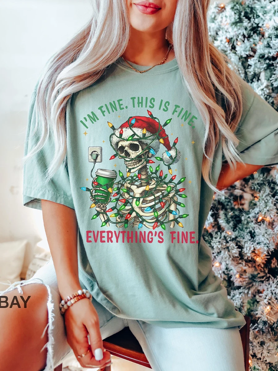 I'm Fine Everything is Fine Tangled Christmas lights T-Shirt Magic Graphic Tee Unisex Cotton T-shirt Y2K Daily Trendy Streetwear