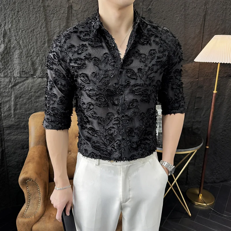 Fashion Lace Hollowed Out Shirt for Men Half Sleeve Sexy Nightclub Shirt Slim Fit Social Party Tuxedo Stage Performance Blouse