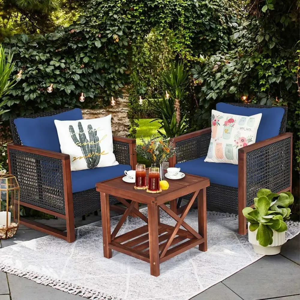 Blue Outdoor Rattan Sofa Set with Washable Cushions and Acacia Wood Coffee Table for Patio Conversations