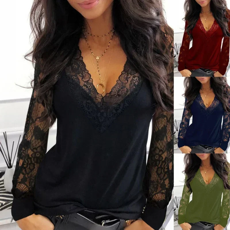 Spring Autumn New Ladies Sexy Fashion Lace Stitching Hollow Shirt White Black V-Neck Women T-Shirt