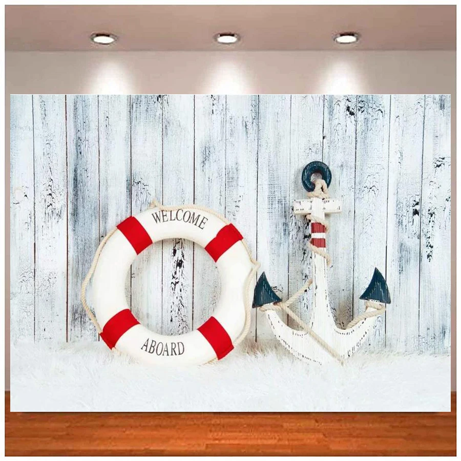 Photography Backdrop Nautical Decorative Lifebuoy Anchor White Wooden Background Sailor Boy Nautical Birthday Party Decoration