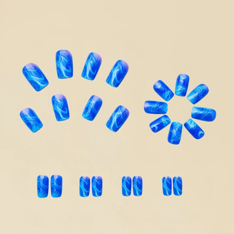 24 Pcs Nail Presson Aesthetic Ocean Blue Glued Fake Press on Nails Medium Square Ready-made Artificial Self-adhesive False Nails