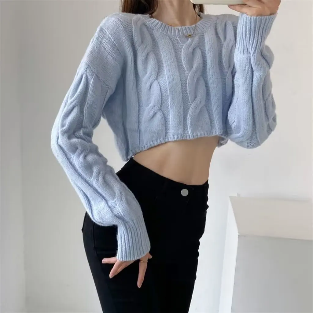 

Trendy Women's Retro Twist Sweater Sexy Hot Girl Loose Short round Neck Long Sleeve Fashion Top for Casual Wear