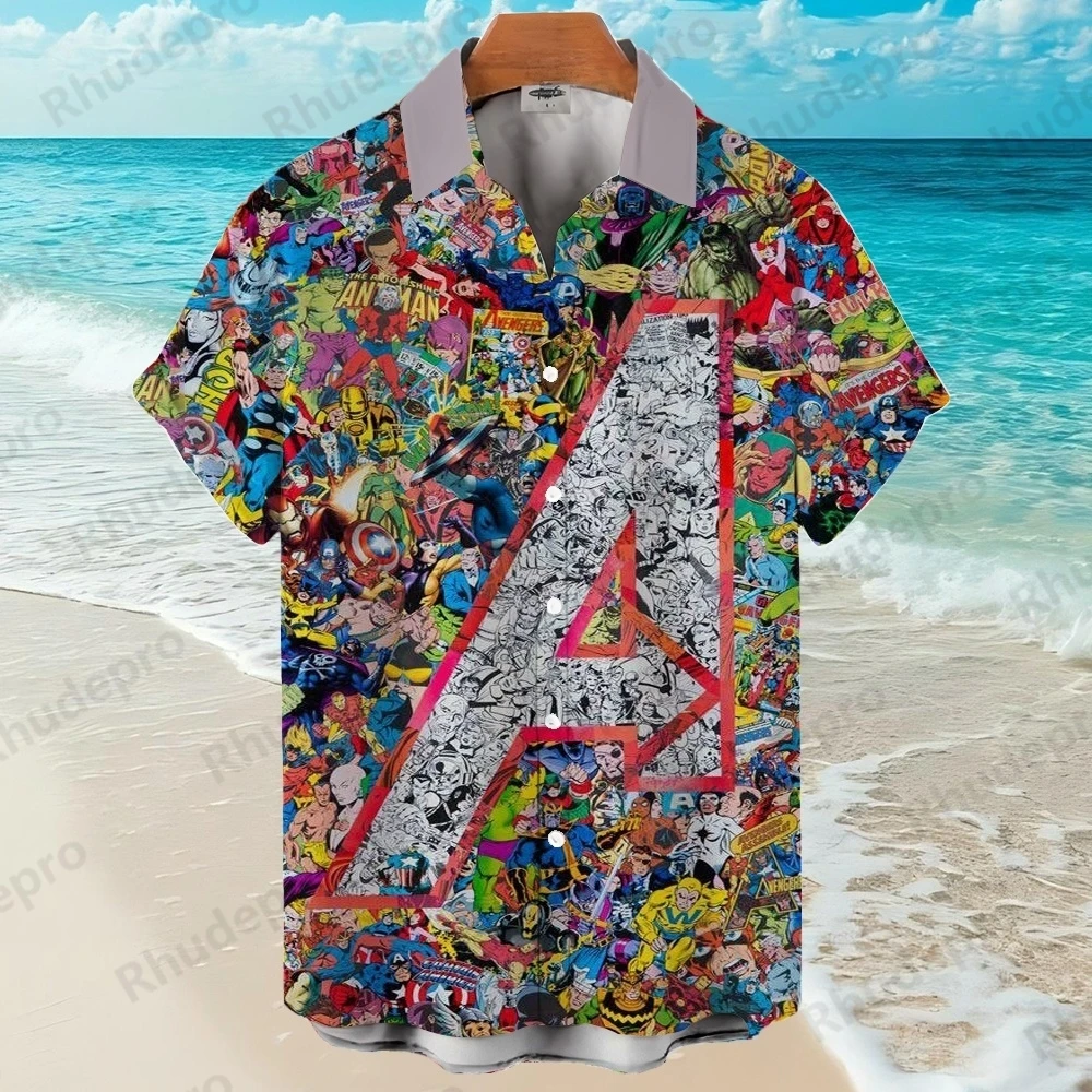 디즈니 2025 새로운 어벤저 스 3D 프린트 슈퍼 히어로 하와이 셔츠 남성용 옷깃 반소매 셔츠 하라주쿠 스타일